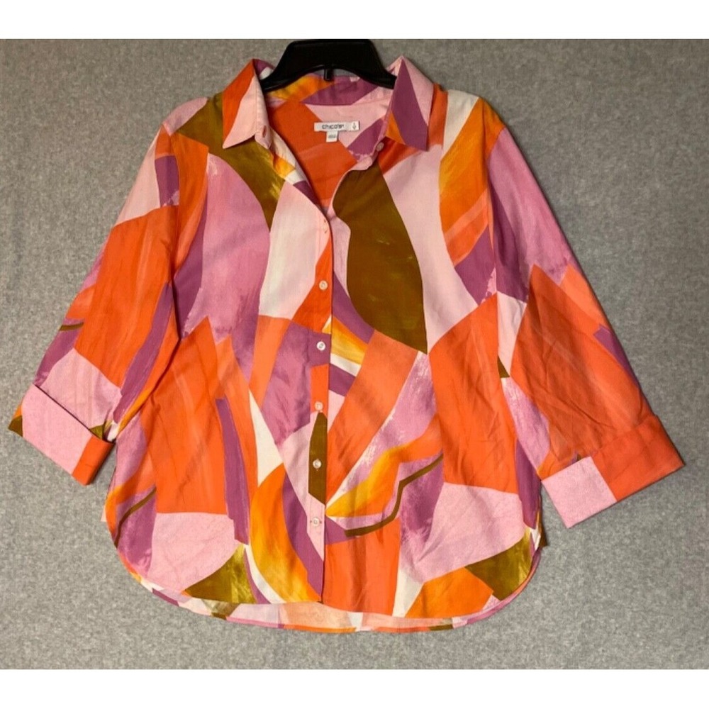 Chicos Button Up Shirt Womens Size 16 Flip Cuff Art To Wear Abstract Orange Pink